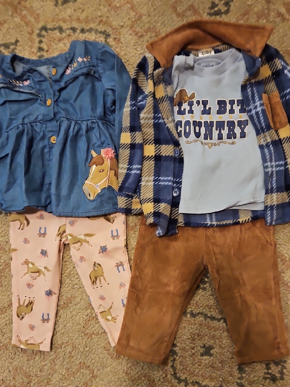 BG Twins Western Horse Outfit Sets- Blue Denim Top & Pink Horse Leggings